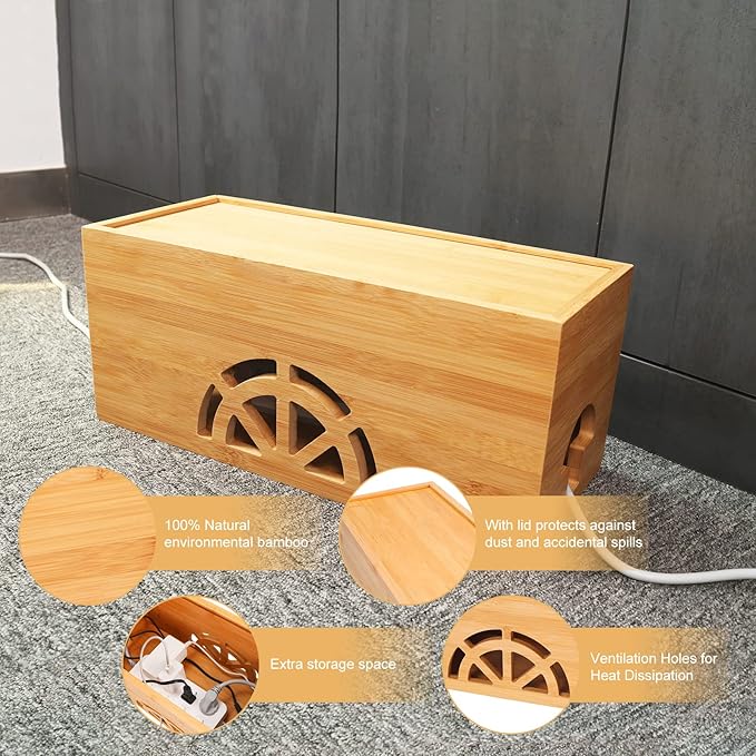 Cable Management Box Set of 2 by HTB, Large & Small Bamboo Cord Organizer Box to Hide Wires & Power Strips | Desk Computer Cable Management Box | Cable Storage | Cord Box Hider for Home & Office