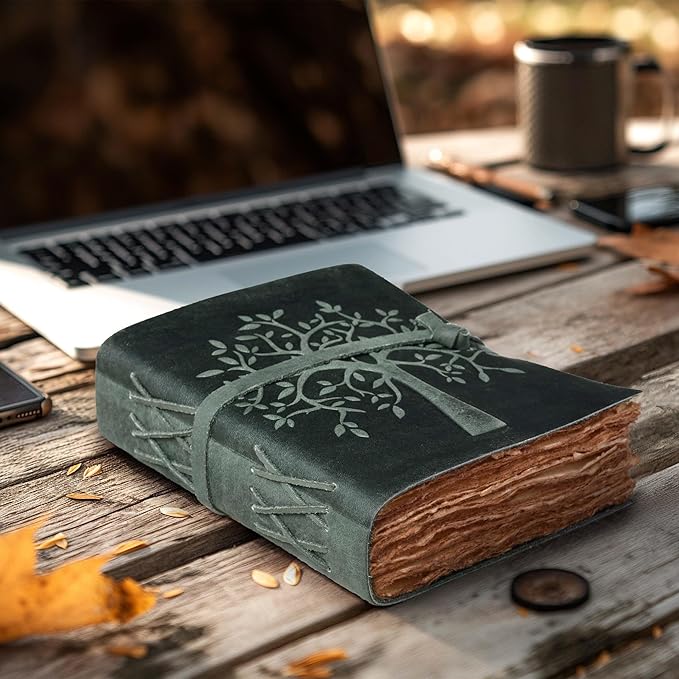 LEATHER VILLAGE Tree of Life Journal - 8"X6" (A5) inches - Auq - 200 Antique Deckle Edge Handmade Paper – Book of Shadows - Vintage Leather Bound Journal for Women & Men