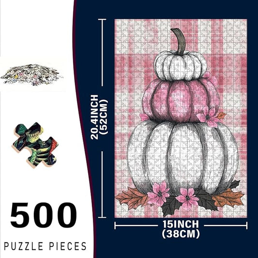 500 Piece Wooden Puzzle Fall Pink White Pumpkin Adults Funny Challenge for Stress Relief & Entertainment Kids Family Challenging Jigsaw 20.4x15 Inch