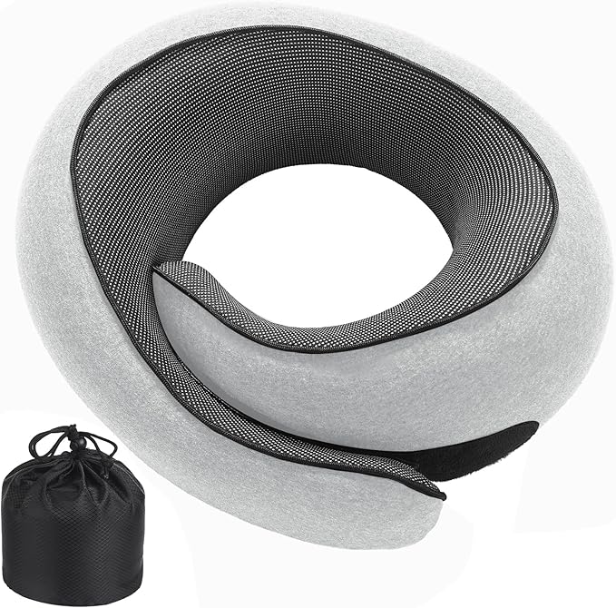 Badink® Neck Pillow Memory Foam with MagicStrap – Adjustable Ergonomic Travel Pillow for Office/Airplane/Car, Washable Cover, Portable Cervical Support(Neutral Grey)