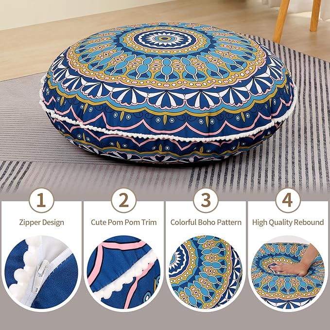 32 inches Meditation Floor Cushion for Adults, 2 Pack Round Large Thick Floor Pillow, Memory Foam Filling, Green