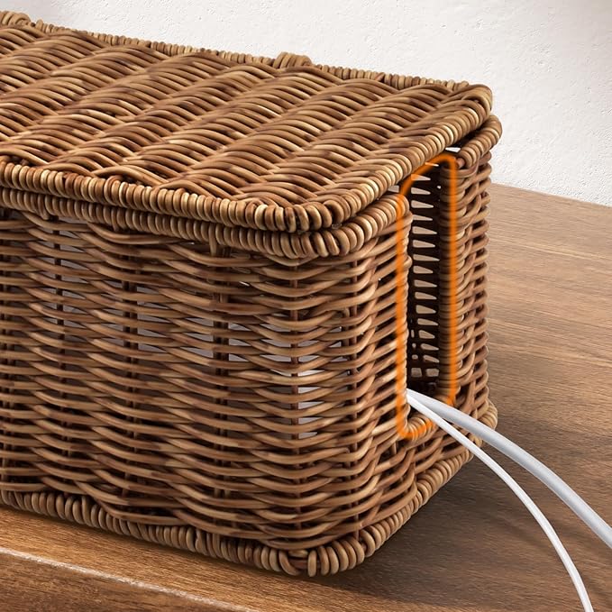 Handmade Cable Management Box – Stylish & Functional Cable Organizer with 2 Open Slots for Home & Office, TV Wires Computer Router USB Hub & Power Strip Rattan Cord Hider Box (Brown)