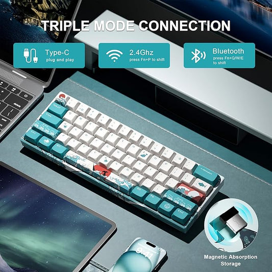 HITIME 60 Percent Keyboard, XVX M61 Pro 3-Modes Wireless Mechanical Keyboard, Hot-Swappable Custom Gaming Key Board, RGB Backlit, for Windows Mac PC Gamers(Coral Sea Theme, Pre-lubed Linear Switch)