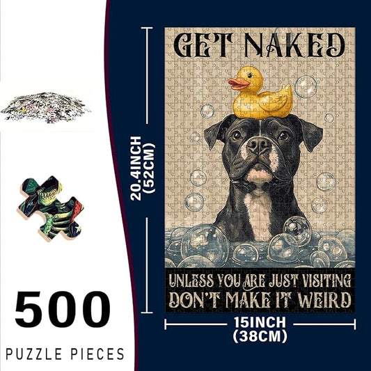500 Piece Wooden Pitbull Puzzle Get Naked Bathroom Adults & Kids Challenging Game to Relieve Stress Improve Focus & Enjoy 20.4x15 Inch