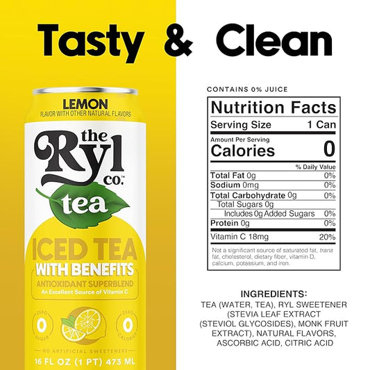 Ryl Iced Tea, Lemon, Antioxidant Superblend, Zero Sugar, Low Carb, Zero Calorie Iced Tea, 16.0 Fl Oz (12-Pack)