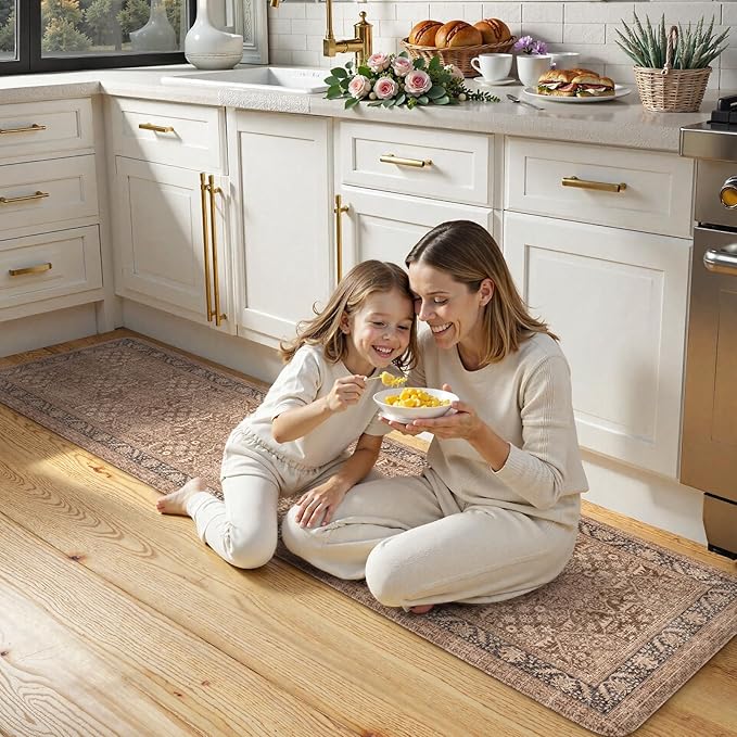 KIMODE Anti Fatigue Mats for Kitchen Floor, 20"x71" Boho Vintage Kitchen Runner Rug, Cushioned Floor Mat Non Slip, Memory Foam Standing Mat for Sink Laundry Office Desk Brown