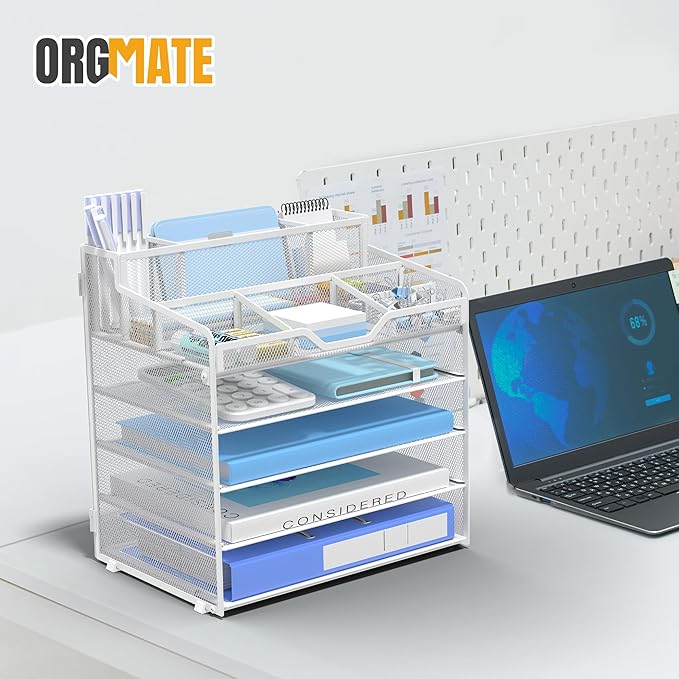 5 Tier Mesh Desk Organizer,Multi Functional Letter Paper Tray with 3 Pen Holders and 5 Adjustable Storage Compartments for Office Supplies Files and Mail Space Saving Desktop Organizer-White