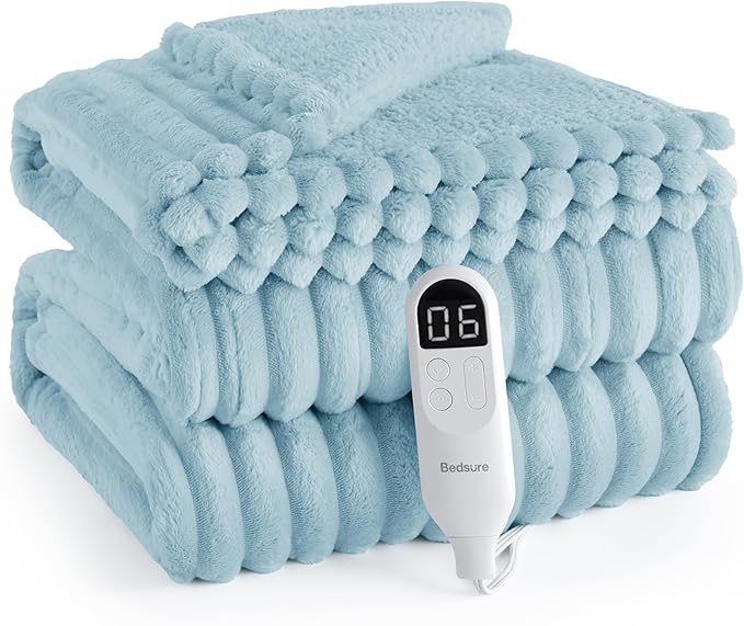Bedsure Electric Blanket Full Size - Thick Striped Flannel Heated Blanket with 6 Heat Settings, 10 Time Settings, 8-Hour Timer Auto Shut Off, Gifts for Grandma (72x84 inches, Light Blue)