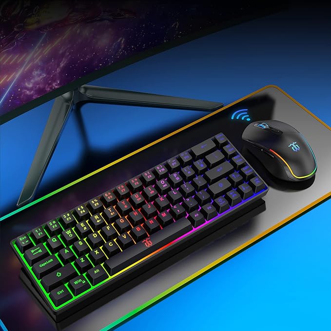 Snpurdiri 60% Wireless Gaming Keyboard and Mouse Combo,LED Backlit Rechargeable 2000mAh Battery,Small Membrane But Mechanical Feel Keyboard + Popular RGB Mice for Gaming,Business Office