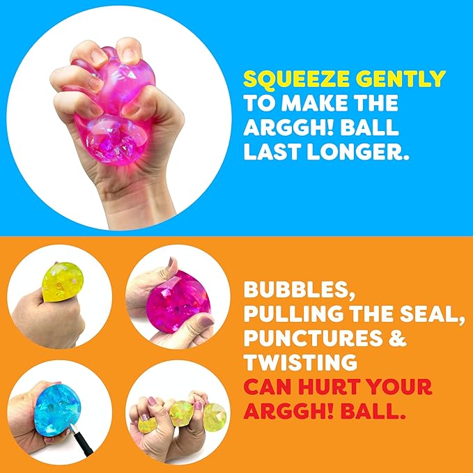Power Your Fun Arggh Glitter Mini Stress Balls for Adults and Kids - 3pk Squishy Stress Ball Fidget Toys, Sensory Toys and Stress Relief Mini Squishy Toys Squeeze Ball Toy (Yellow, Pink, Blue)