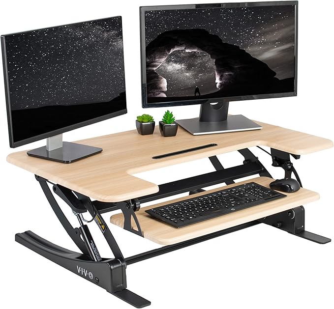 VIVO 36 inch Height Adjustable Stand Up Desk Converter, V Series, Quick Sit to Stand Tabletop Dual Monitor Riser Workstation, Light Wood Top, Black Frame, DESK-V000VO