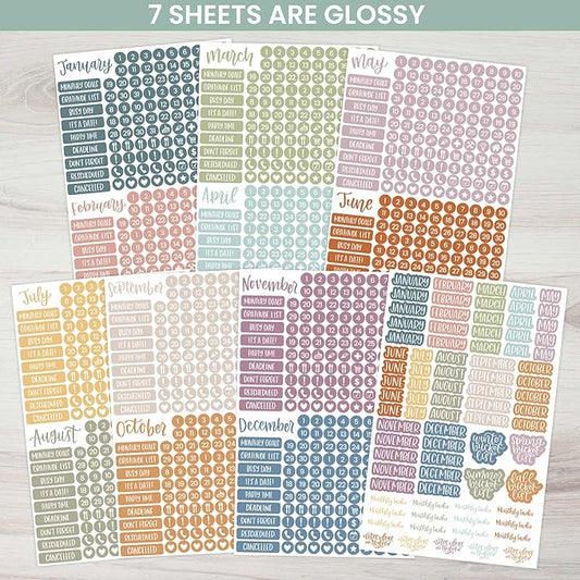 bloom daily planners Calendar Essentials Planner Stickers - 8 Sheets, 1629 Stickers Per Pack! - Color Coordinating Monthly Headings, Dates, Icons, Etc. - Retro Rainbow