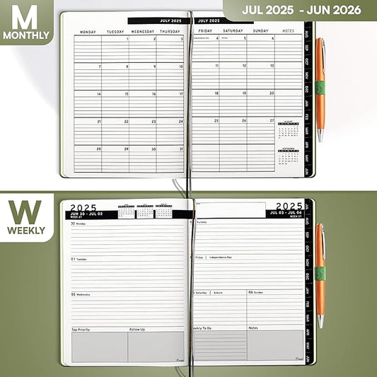 Ensight 2025-2026 HARDCOVER Leather Planner Weekly & Monthly - 6.5x8.5 Inches - Academic Planner Business Personal or Student - Pen Holder, Thick Paper, July 2025 - June 2026 (Olive Green)