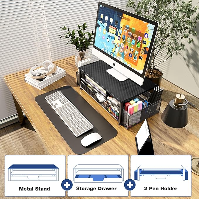 Desk Organizer and Accessories, 2-Tier Computer Monitor Stand with Drawer and 2 Pen Holders, Laptop Stand, Office Desk Accessories for Office Supplies, Carbon Fiber