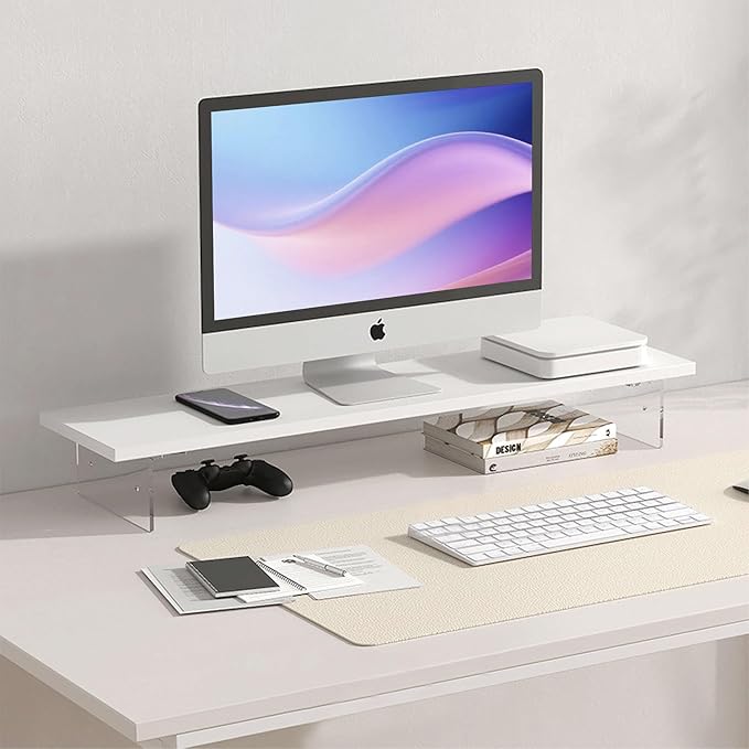 Wood Monitor Stand Riser with Acrylic Legs, Computer Screen Stand Desk Organizer, 31.5 x 7.9 x 3.1 inch, Hold up to 66 lbs (White, 31.5"×7.9"×3.1")