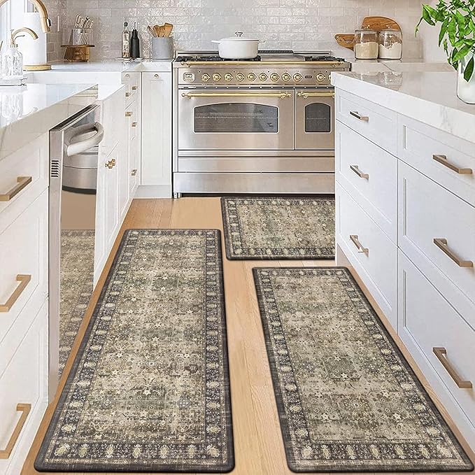 Pauwer Anti Fatigue Kitchen Mat Set of 3 Non Slip Kitchen Mats for Floor Cushioned Kitchen Rugs Comfort Standing Mat Farmhouse Waterproof PVC Foam Kitchen Floor Mat Runner, Multi Brown