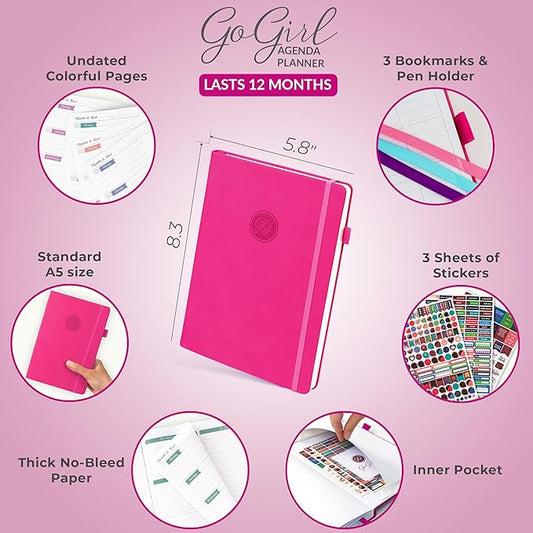 GoGirl Planner Agenda – Colorful Undated Monthly & Weekly Organizer for Women, Journal for Time Management & Productivity (Hot Pink)