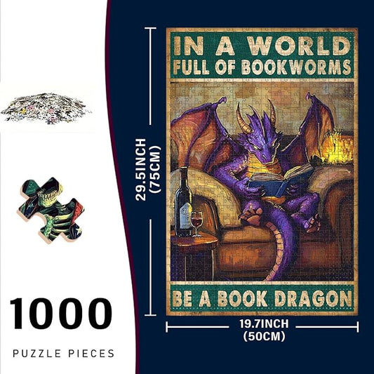 1000 Piece Wooden Jigsaw Puzzle in a World Full of Bookworms Be a Book Dragon Adults Kids Challenging Game Educational Stress Relief Time Killer Perfect for Home Bar & Portable Travel 29.5x19.7 Inch