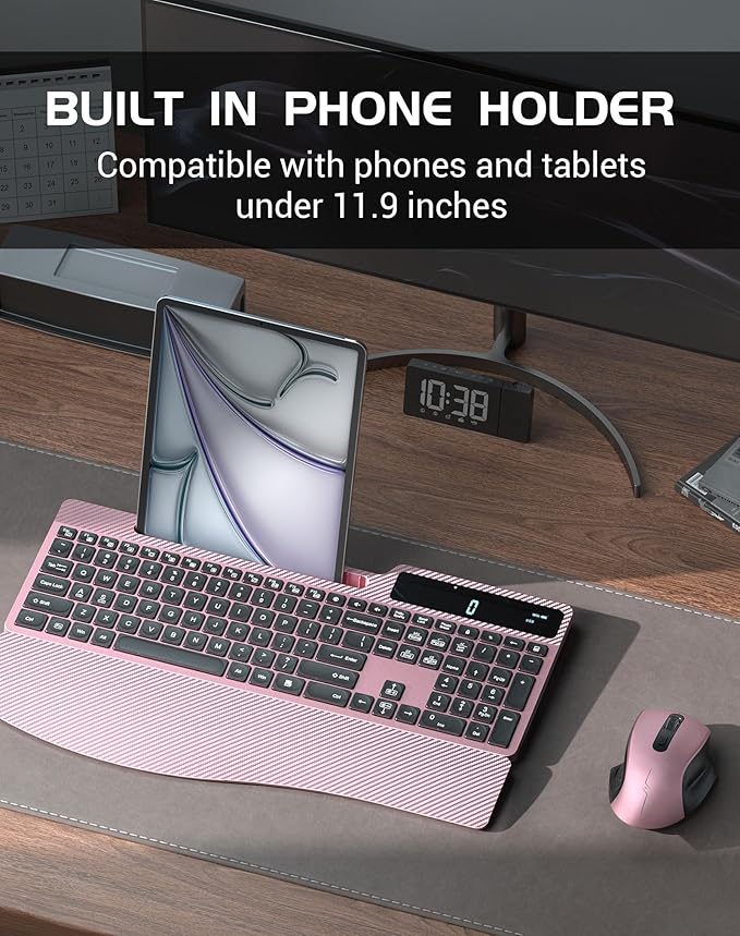 Wireless Keyboard Mouse Combo, Full Size Ergonomic Keyboard with Backlit, Wrist Rest, Calculator, Phone Holder, 2.4Ghz Silent Cordless Rechargeable Keyboard & Mouse for Laptop, PC (Pink Black)