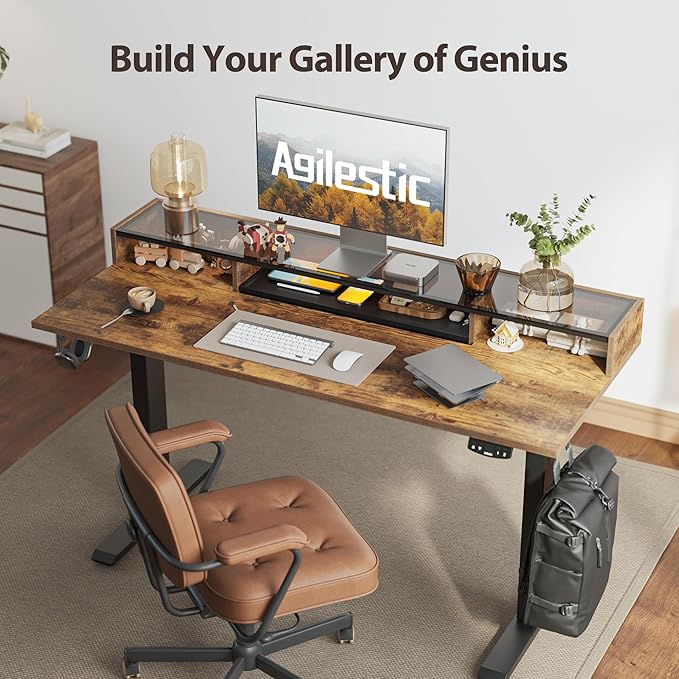 Agilestic Glass Standing Desk with Storage, 48 Inch Electric Adjustable Desk with Glass Shelf and Cable Management, Sit Stand Up Home Office Computer Table, Splice Board, Rustic Brown