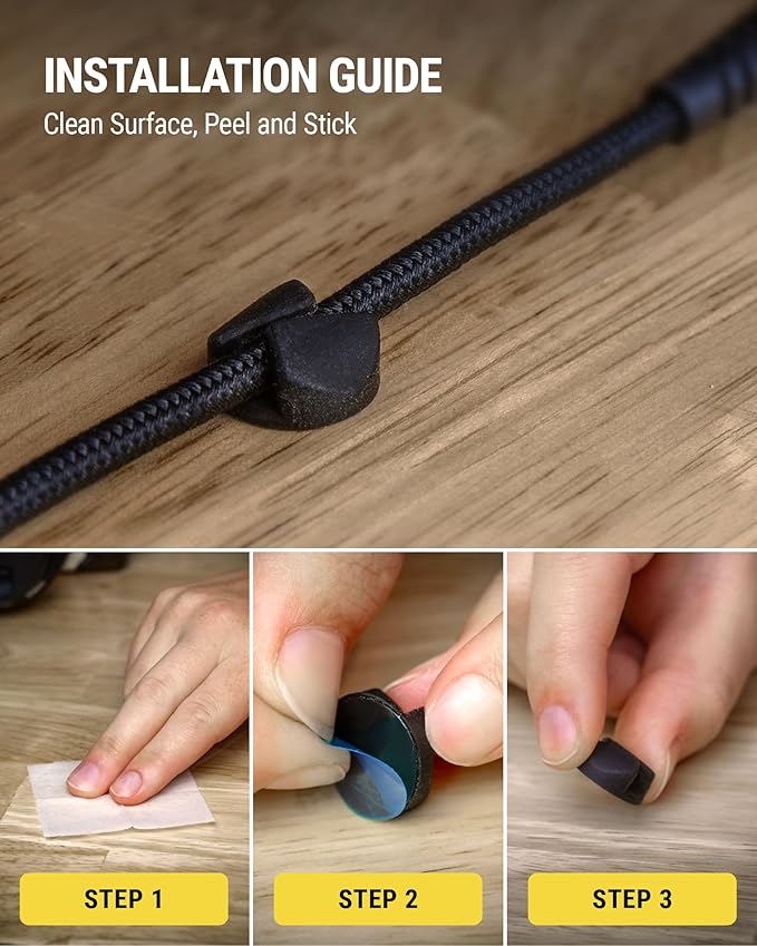 Scosche CMAA2R-6PKRP 6 Pack Adhesive Cable Management Clip Kit in Two Styles, Cord Organizer, Wire Holder for Desk, Nightstand, Phone Charger, Computer, Home, Office, Car, Black