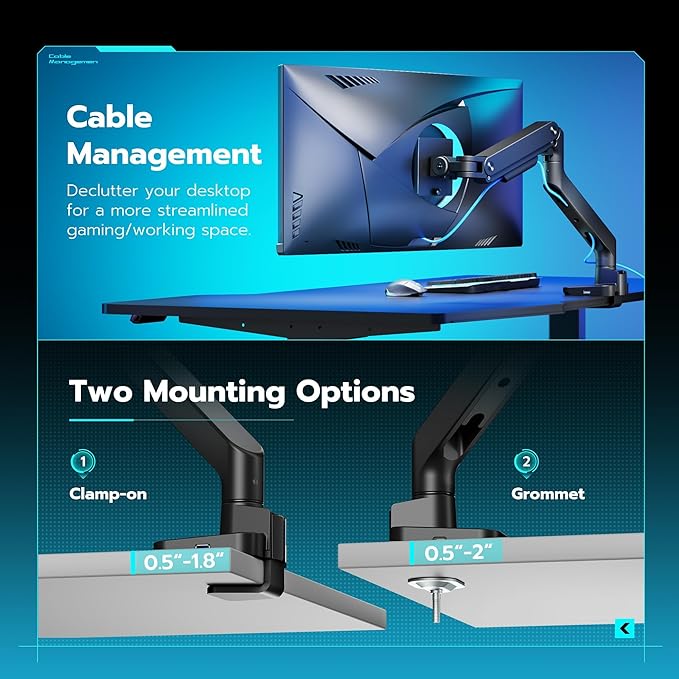 ARES WING Ultrawide Monitor Arm with USB A/C, for 17 to 49 inch Heavy Duty Screen, Holds 44 lbs, Adjustable Gas Spring Arm Desk Mount with Clamp and Grommet Base, Black