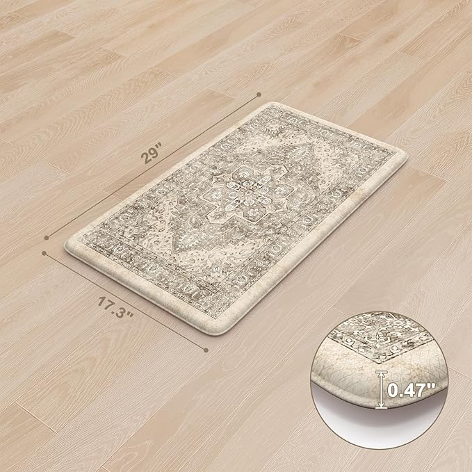 KIMODE Anti Fatigue Kitchen Mat for Floor, Boho Vintage Kitchen Rug, Non Slip Waterproof Kitchen Floor Mat, Ergonomic Cushioned Standing Mat for Sink, Laundry, Desk Khaki 17.3"x29"