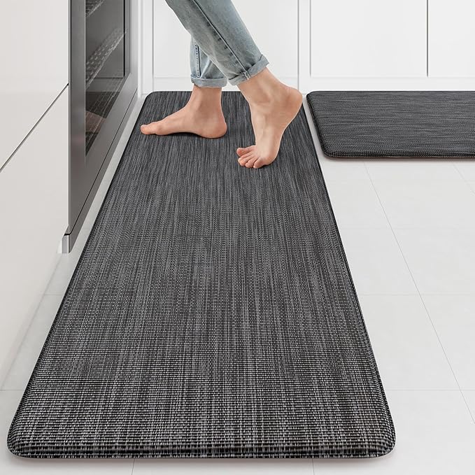 KIMODE Anti Fatigue Kitchen Mats 17"x47"+17"x29", Dark Grey Farmhouse Kitchen Rugs Sets of 2, Paded Kitchen Floor Mats, Textilene Kitchen Mat for Floor Non Slip, Standing Mat for Laundry Sink Desk
