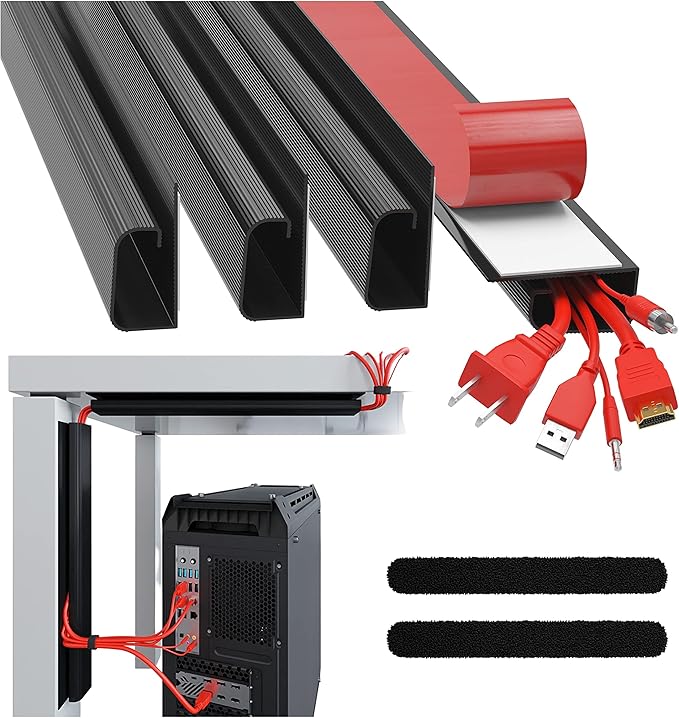 J Channel Cable Raceway Kit - Computer Desk Cable Management System - 4x16'' Black Under Table Cable Management Trays for Office and Home