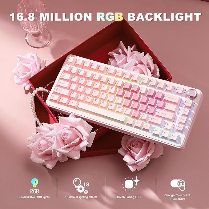 YUNZII B75 PRO Wireless Mechanical Keyboard,75% Layout with Knob,Hot Swap Gasket Custom Structure,Creamy Pre-lubed Switches,RGB Backlit,Bluetooth/Type-C/2.4G for Win/Mac(Milk Switch,Pink)