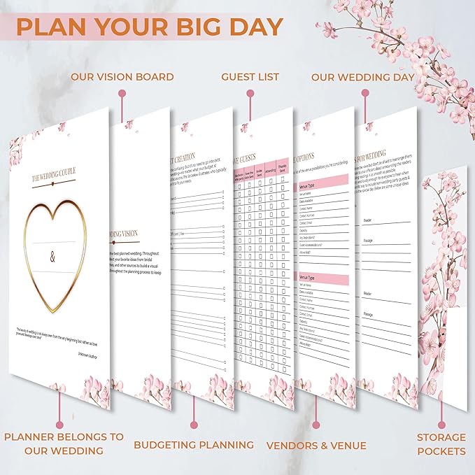 Beautiful Bridal Wedding Planner - 9" x 11" Wedding Planner Book and Organizer with 5 Tabbed Sections, 144 Pages, Countdown Calendar, Metal Corners and Elastic Band - Premium Engagement Gift for Future Brides