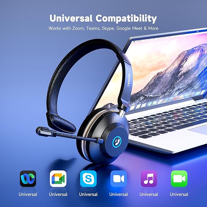 Wireless Headset with Mic for Work: 6.0 Bluetooth Headset with AI Noise Cancelling Mic,45 Hours Worktime & Mute Button, Headset with Microphone for Pc, iPhone,Computer,Remote Work,Office,Zoom, Skype