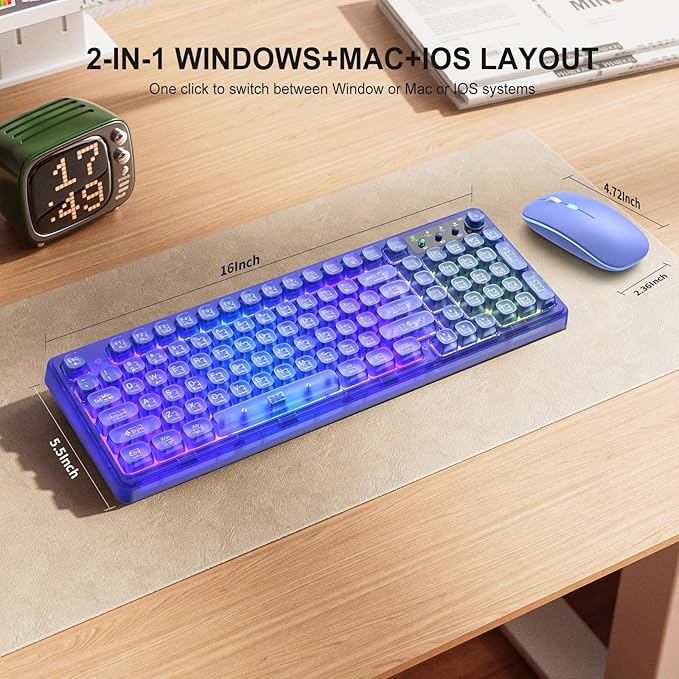 Wireless Light Up Keyboard and Mouse,Cute 2.4Ghz Cordless Rechargeable Clear Transparent Backlit Keyboard,15 Backlight Effects,Volume Knob,RGB Mouse with 3 DPI for Mac Computer PC Laptop Desktop-Blue