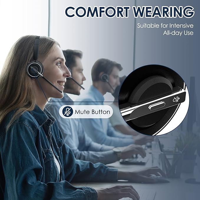 Wireless Headset, Bluetooth Headset with AI Noise Cancelling Mic, Bluetooth V5.2 Headphones with USB Dongle, Charging Base & Mic Mute for PC/Cell Phones/Call Center (Black)