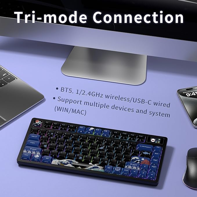 XVX 75% Keyboard with Color Smart Display, L75 Pro Low Profile Gasket Mechanical Gaming Keyboard, Bluetooth 5.1/2.4G Wireless/Type-C Wired Custom Anime Keyboard with RGB Backlit, Black Kanagawa Theme