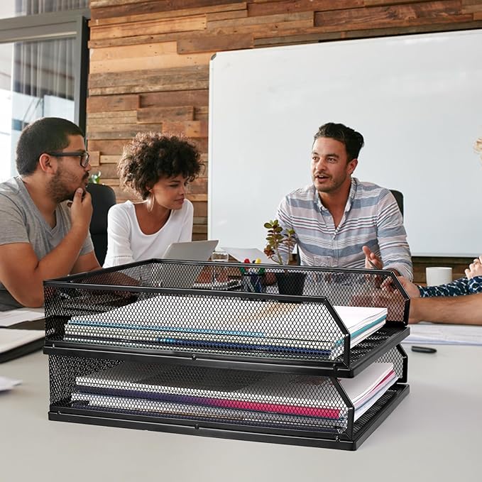 Stackable Paper Tray Organizer for Desk,Metal Mesh Wire Letter Tray, Letter Trays Organizers, Front-Load Paper Holder Storage for Office, School, Home,2 Pcs