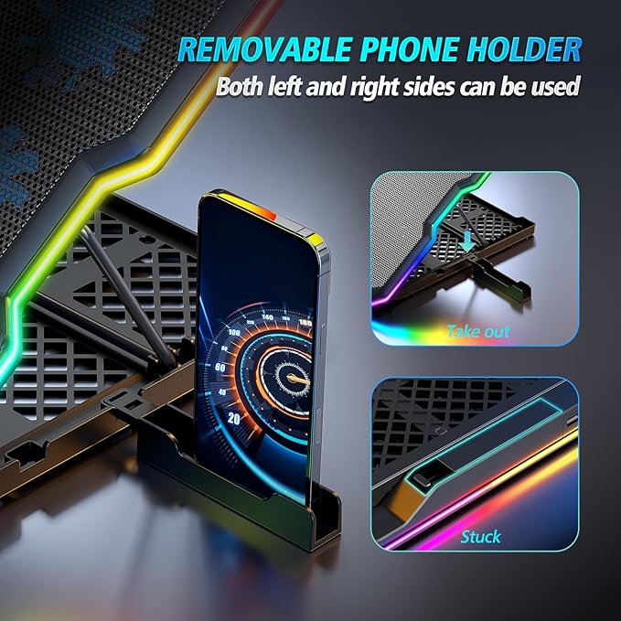 Gaming Laptop Cooling Pad, Laptop Cooler with 15 Quiet Fans for 12-17.3 Inch Notebook, Slim Portable Laptop Cooling Stand with 7 Height Adjustable, 2 USB Ports, Phone Stand