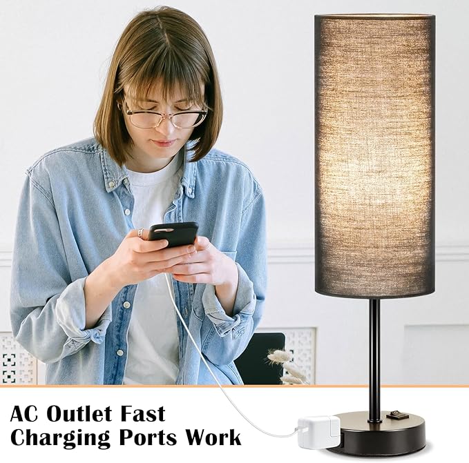ZJOJO Table Lamp for Bedroom 2 Pack,18in Bedside Lamps with 3 Way Dimmable Rocker Switch & AC Outlet,Nightstand Desk Lamp with Black Fabric Shade Black Base for Living Room Home Decor Lights
