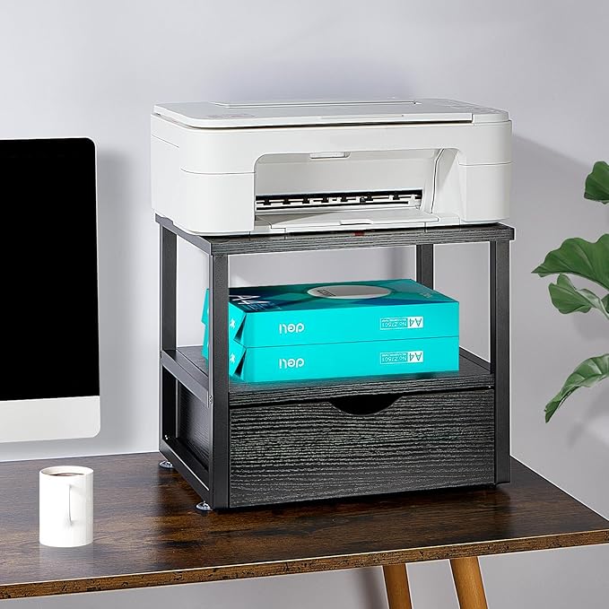 2 Tier Desktop Printer Stand,Printer Stand with Drawers, Shelf for Top of Desk ,Multi-Purpose Desk Organizer for Home Office, Fit Fax Machine, Scanner,Blakc