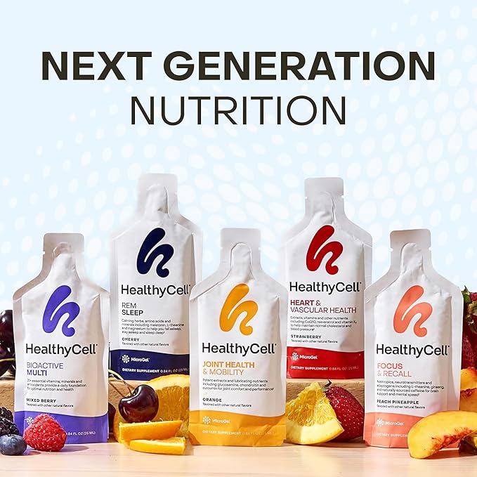 Healthycell Focus & Recall, Daily Liquid Brain Supplement for Focus & Memory - Nootropics Supplement for Concentration & Alertness with L-Theanine, Omega-3 & Taurine - 30 Gel Packs