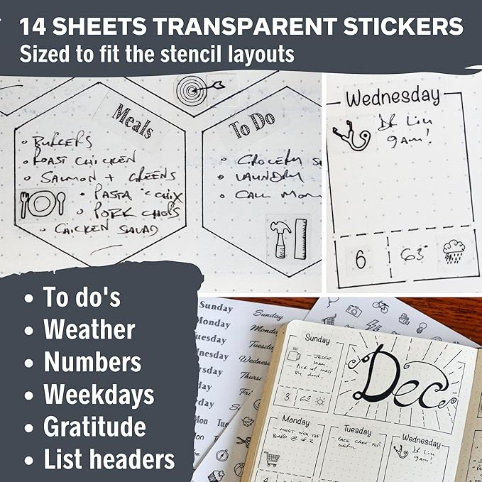 Weekly Planner Layout Journaling Supplies Kit (32 pcs) - 18 Weekly Layout A5 Planner Stencils and 14 Sheets Minimalist Planner Stickers, Planner Accessories Compatible with A5 Bullet Journals