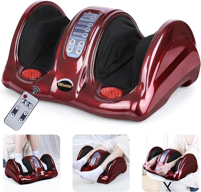 H&B Luxuries Shiatsu Foot Massager Machine with Remote Controller, Kneading and Rolling Home Massagers for Feet, Ankle, Calf, Leg, Gift for Men, Women, Father, Mom Parents and The Elderly, Red