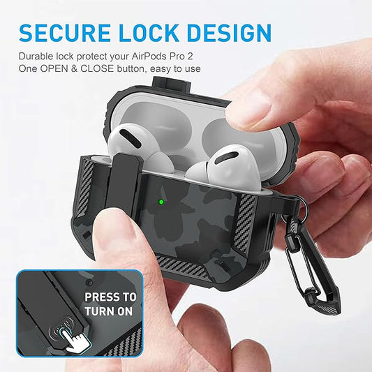Maxjoy AirPods Pro 2nd/1st Generation Case Cover with Lock, AirPods Pro 2 Protective Case with Keychain Compatible with Apple AirPod Pro2 2023 USB C Cable 2022 Lightning Cable/ Pro1 2019, Gray Camo