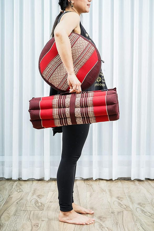 Leewadee Meditation Cushion Set – 1 Small Zafu Yoga Pillow and 1 Small Roll-Up Zabuton Mat Filled with Kapok