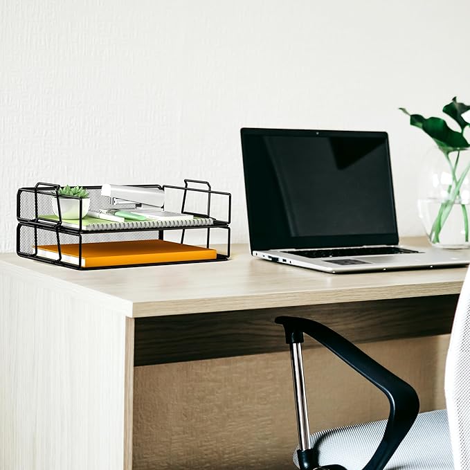 2 Tier Stackable Letter Tray Paper Holder Desk Organizer for Home Office School, Black