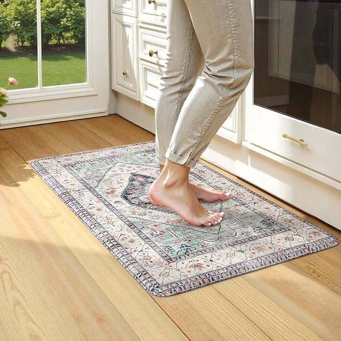 KIMODE Anti Fatigue Kitchen Mats for Floor,17.3" x 29" Vintage Blue Cushioned Kitchen Rugs,Non-Slip Waterproof Kitchen Sink Standing Mat Wipe Clean for Kitchen,Laundry Floor