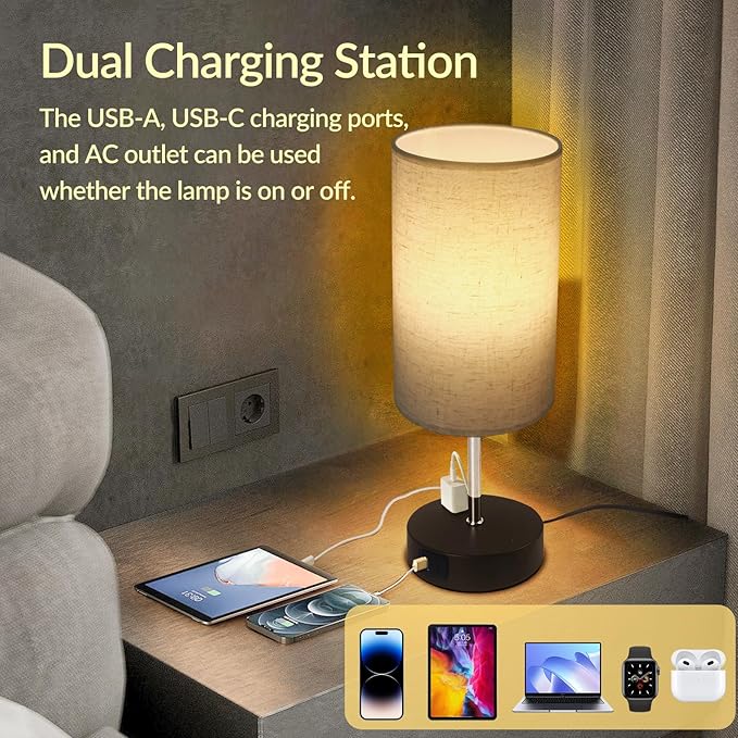 Touch Table Lamp for Bedroom, 3 Way Dimmable Bedside Lamp with USB C+A Ports and Linen Shade, Small Lamps for Night Stands Living Room Office, LED Bulb Included (Beige)