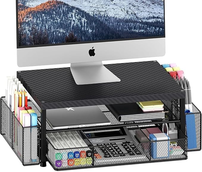 Desk Organizer and Accessories, 2-Tier Computer Monitor Stand with Drawer and 2 Pen Holders, Laptop Stand, Office Desk Accessories for Office Supplies, Carbon Fiber