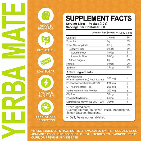 WUEIS Yerba Mate 10000mg Tea Instant Powder,Yerba Magic Powder Single Serve Sticks,Clean Energy,Rich in Prebiotics,Promote Gut Health- Super Yerba,Low Sugar-Natural Caffeine-Orange Flavor-30 Servings