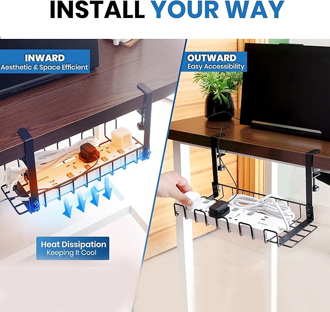 Under Desk Cable Management Tray, 16” No Drill Cord Organizer with Clamps for Wire Management, 4mm Sturdy Wire Desk Cable Organizer Tray, Cable Management Rack for Office
